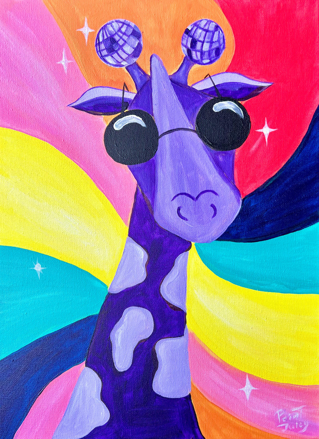 Colorful painting of a giraffe with sunglasses against a multicolored background