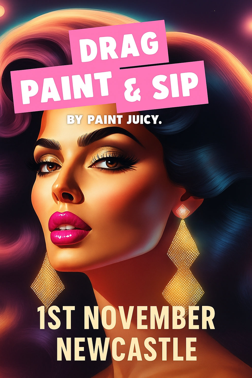 Promotional poster for Drag Paint & SIP event with a woman's face and event details in Newcastle