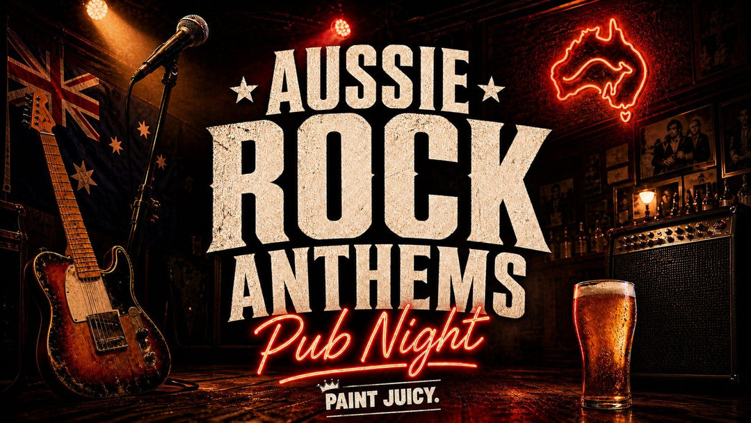 Paint Juicy Aussie Rock Anthems Pub Night singalong playlist artwork with guitar microphone Australian flag and neon Australia map