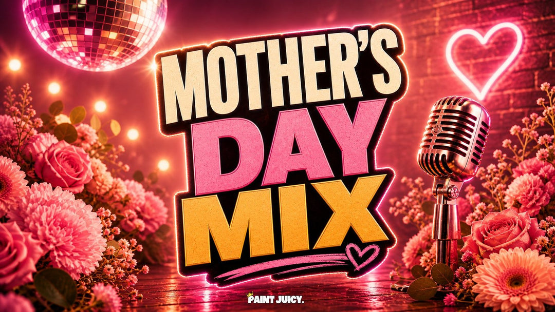 Paint Juicy Mother's Day Mix playlist artwork with pink roses disco ball and chrome microphone