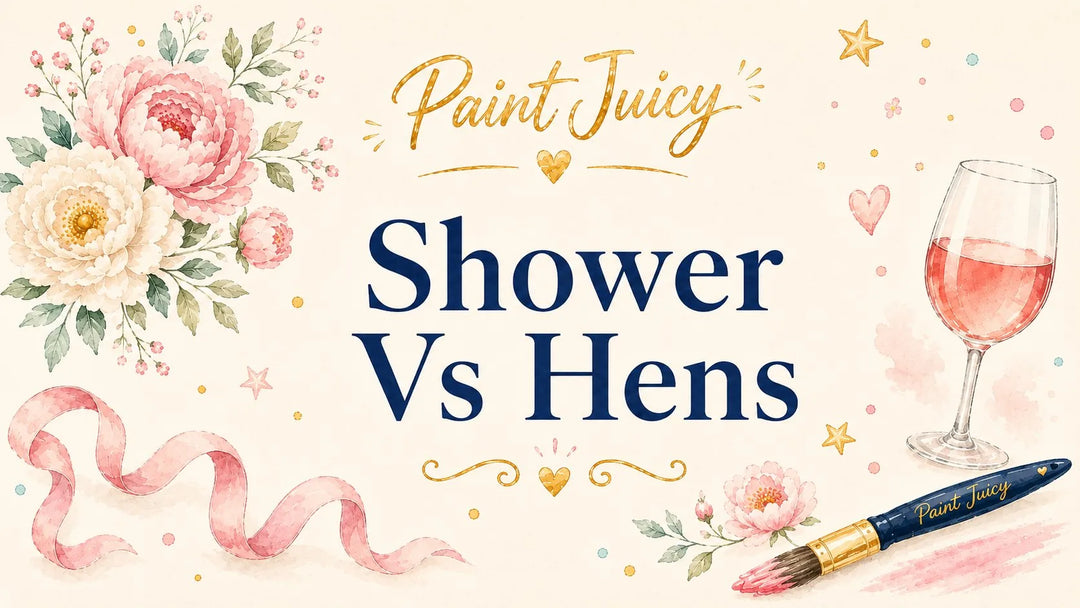 Paint Juicy bridal shower versus hens party guide, watercolour florals with a glass of rosé and a paint brush