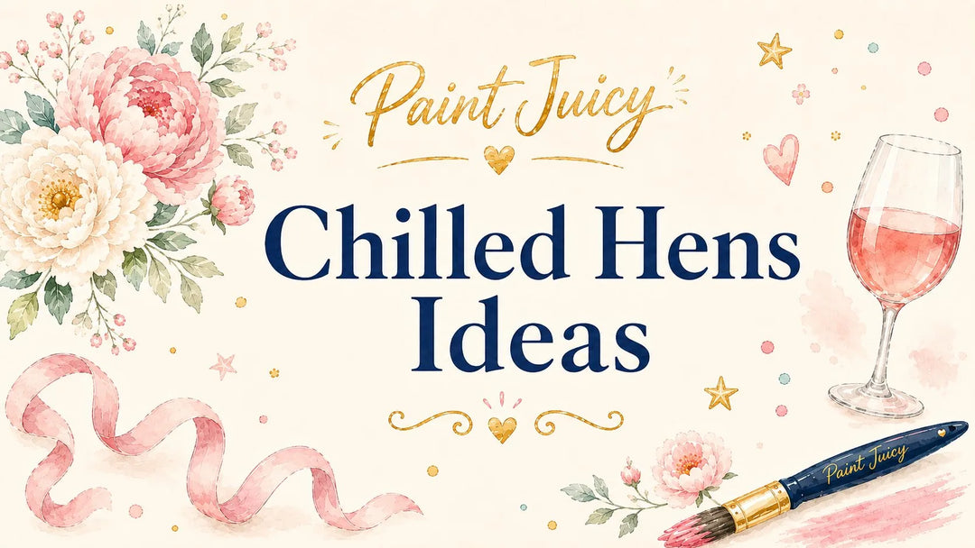 Paint Juicy Chilled Hens Ideas guide, watercolour peonies with a glass of rosé and a paint brush