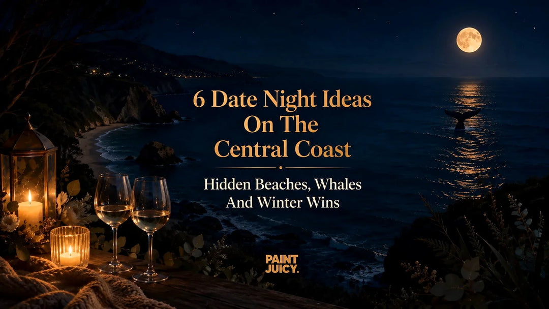 Paint Juicy date night ideas on the Central Coast, moonlit beach with whale tail and two wine glasses