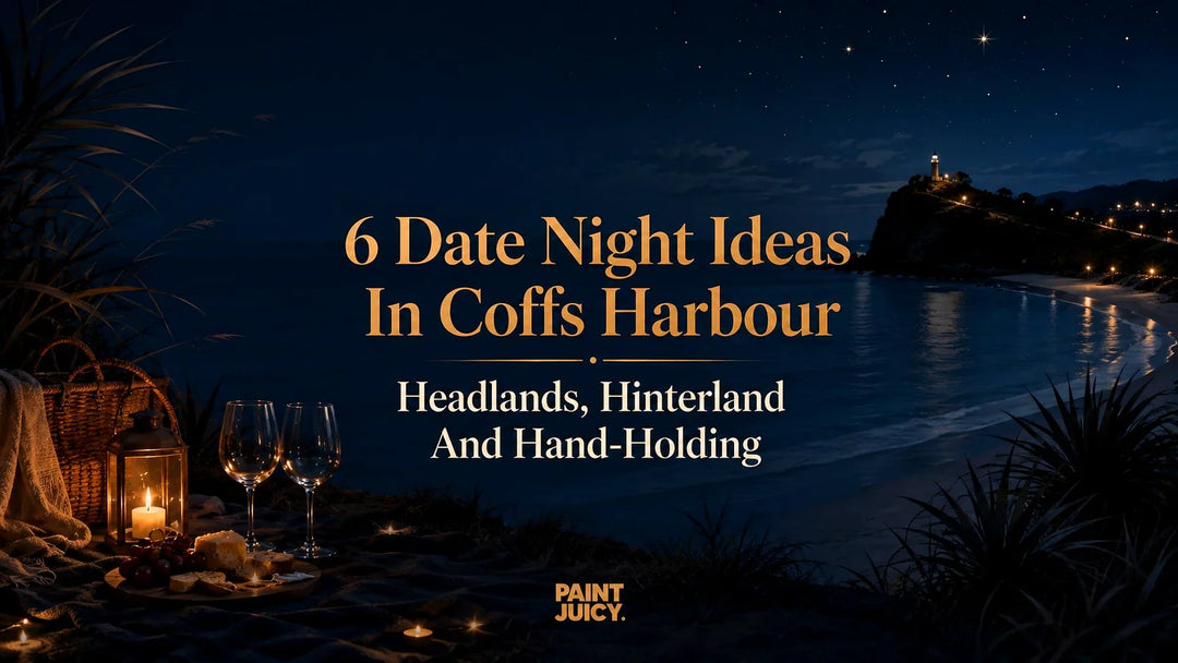 Paint Juicy date night ideas in Coffs Harbour, beach picnic at night with lighthouse headland and wine