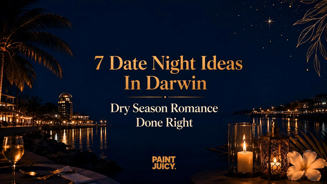 Paint Juicy date night ideas in Darwin, waterfront dining at night with candlelight, lanterns and wine
