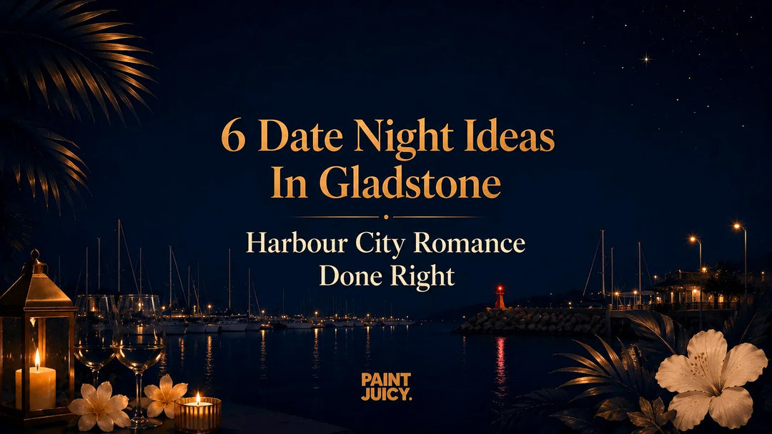 Paint Juicy date night ideas in Gladstone, candlelit marina and yacht harbour at night with two wine glasses