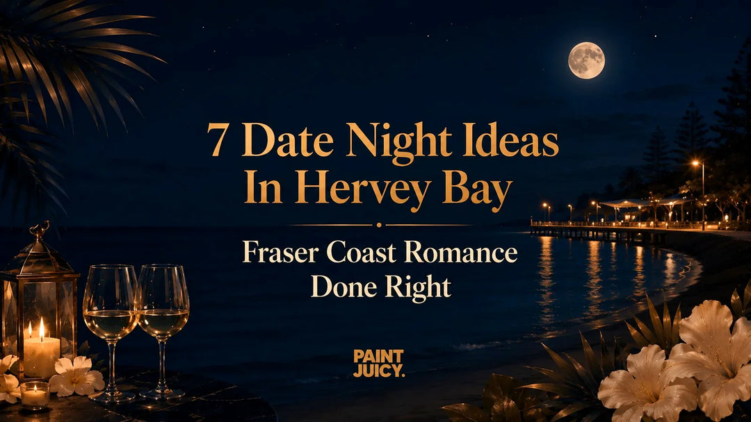 Paint Juicy date night ideas in Hervey Bay, moonlit Esplanade beach and jetty at night with two wine glasses