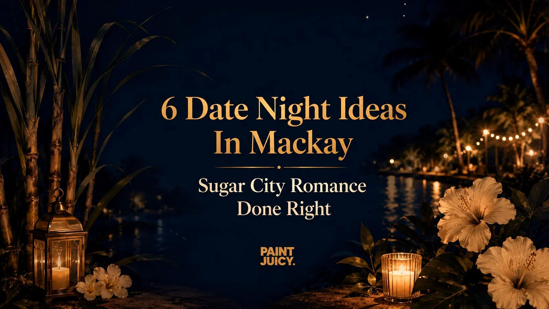 Paint Juicy date night ideas in Mackay, tropical riverside garden at night with lanterns and frangipani