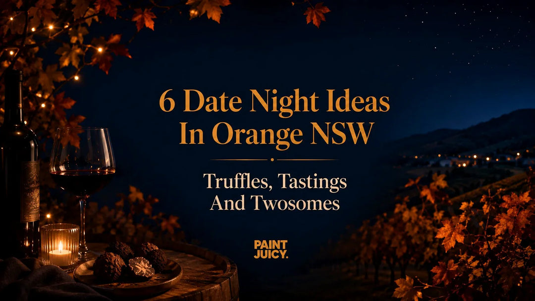 Paint Juicy date night ideas in Orange NSW, autumn vineyard at night with red wine and truffles