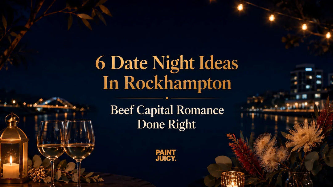 Paint Juicy date night ideas in Rockhampton, Fitzroy River and city lights at night with wine and candlelight