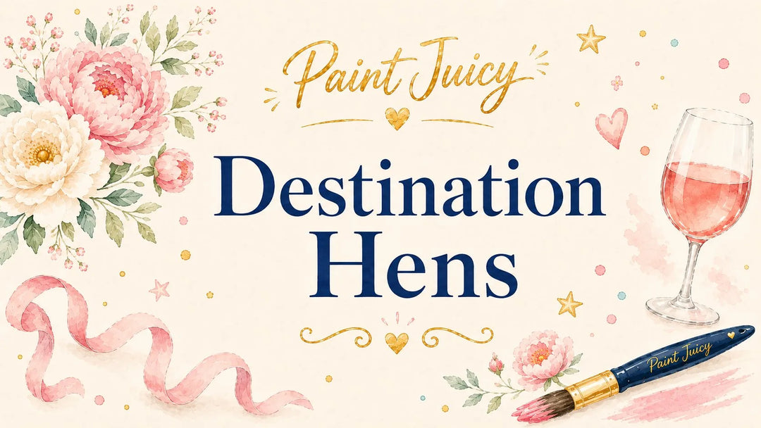Paint Juicy destination hens party guide, watercolour peonies with a glass of rosé and a paint brush