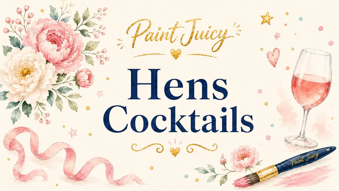 Paint Juicy hens party cocktails guide, watercolour florals with a glass of rosé and a paint brush