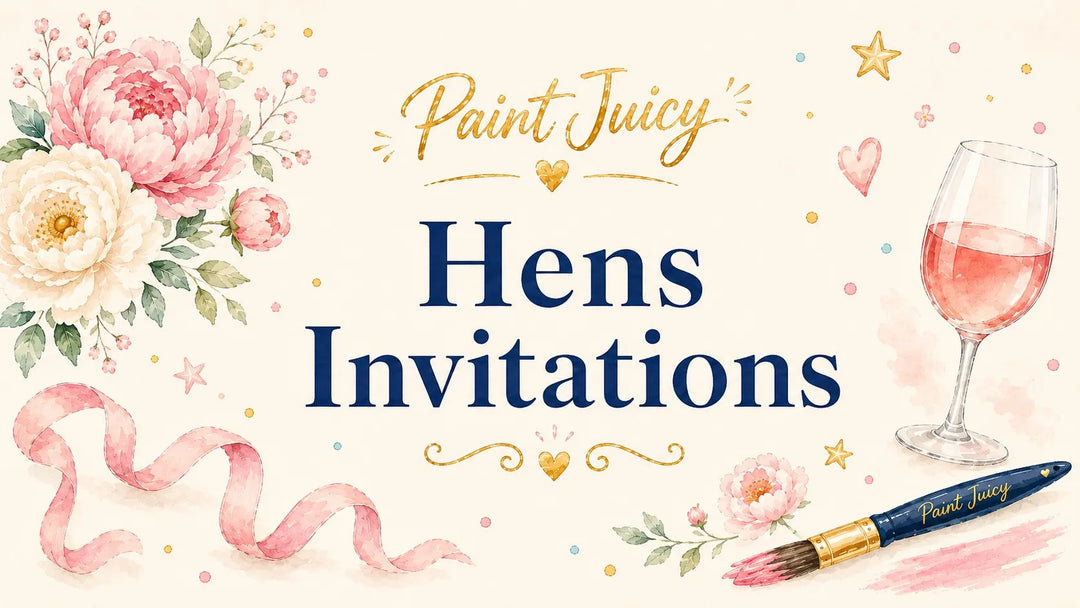 Paint Juicy hens party invitation wording guide, watercolour peonies with a glass of rosé and a paint brush