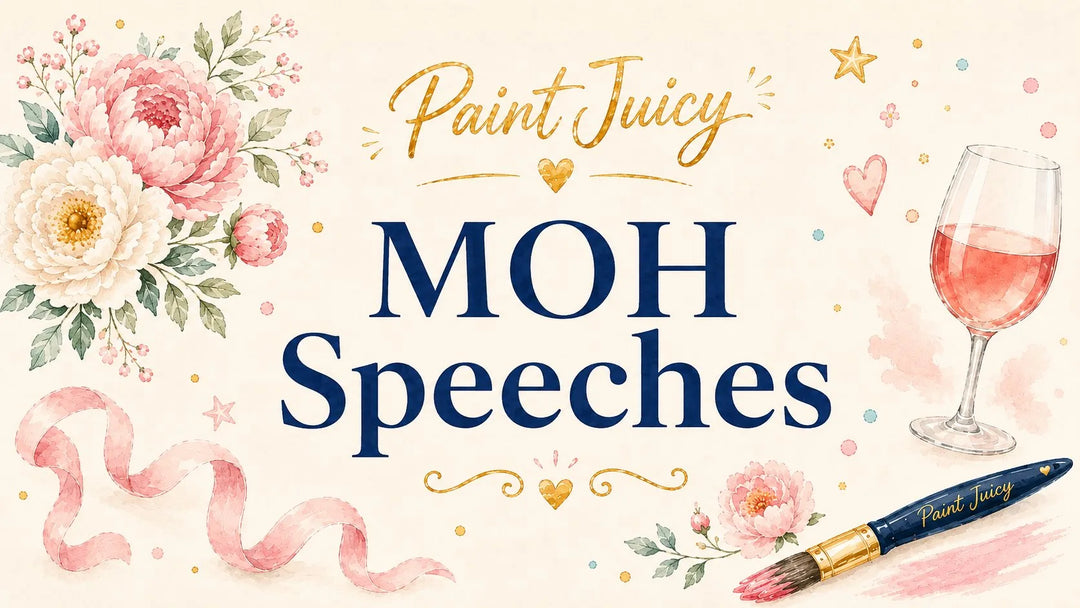 Paint Juicy maid of honour speeches guide, watercolour florals with a glass of rosé and a paint brush
