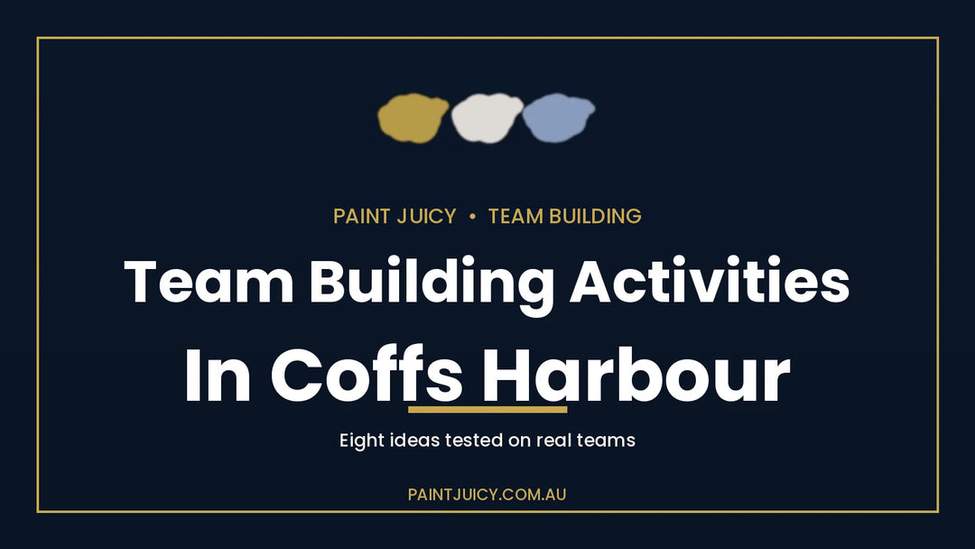 Team building activities in Coffs Harbour, Paint Juicy guide cover in navy and gold