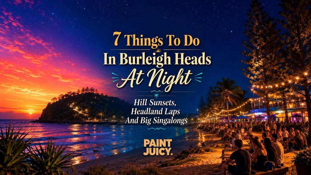 Paint Juicy things to do in Burleigh Heads at night, the headland and beachfront esplanade glowing with crowds at sunset