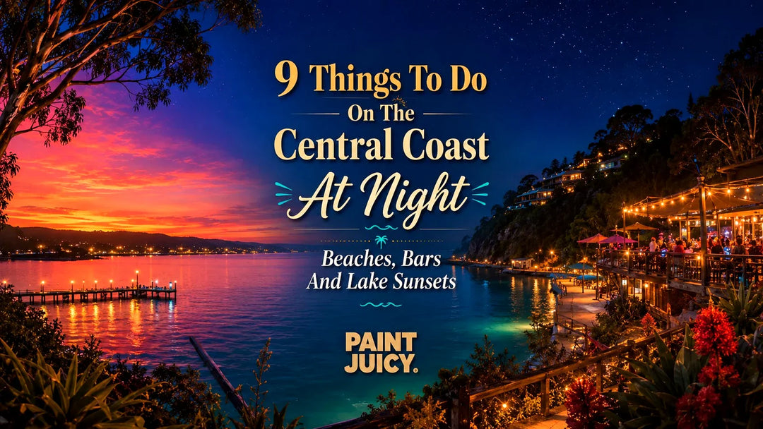 Paint Juicy things to do on the Central Coast at night, a clifftop bar above the beach with lake and ocean views after sunset