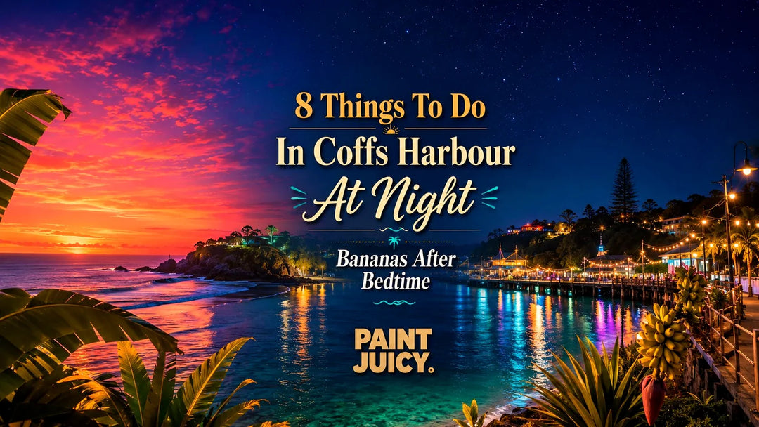 Paint Juicy things to do in Coffs Harbour at night, the jetty and marina lit beneath the headland after sunset