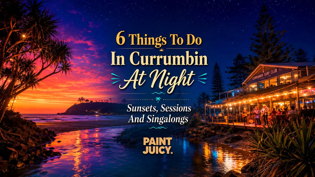 Paint Juicy things to do in Currumbin at night, the surf club and estuary lit up with a live music session by the beach