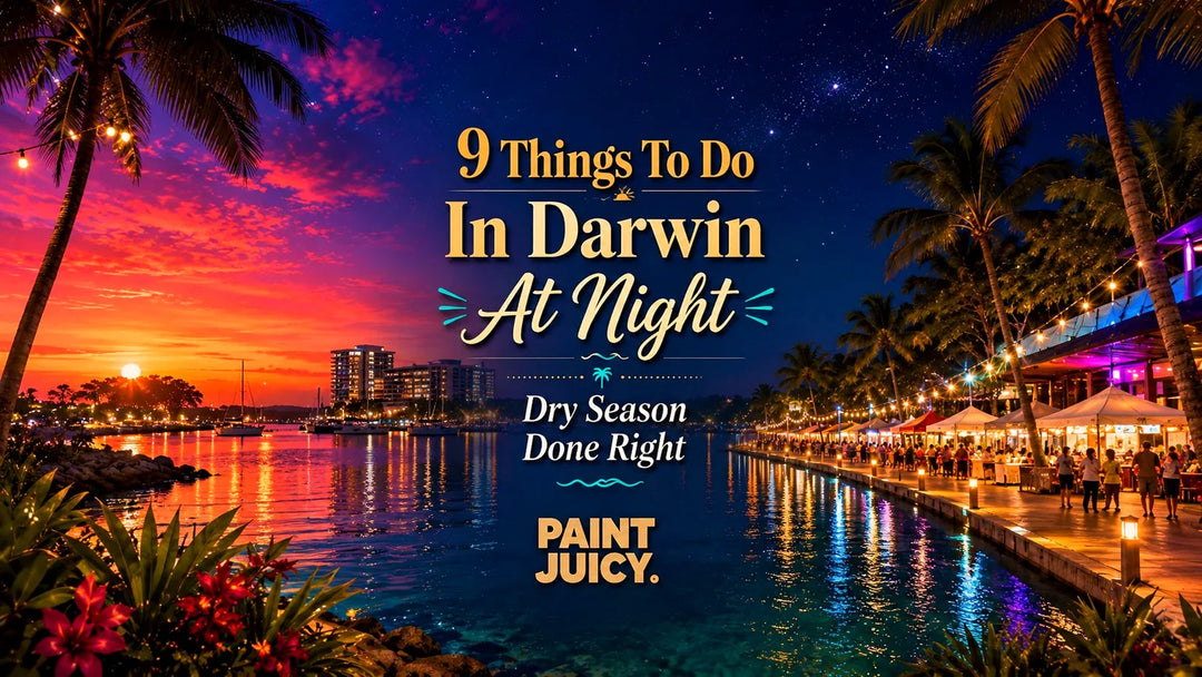 Paint Juicy things to do in Darwin at night, the waterfront precinct with market stalls and string lights in the dry season