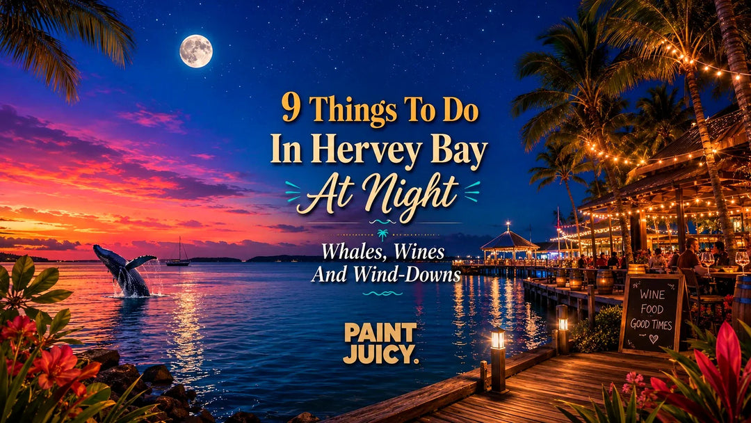 Paint Juicy things to do in Hervey Bay at night, a whale breaching off the pier beside a lit waterfront dining deck