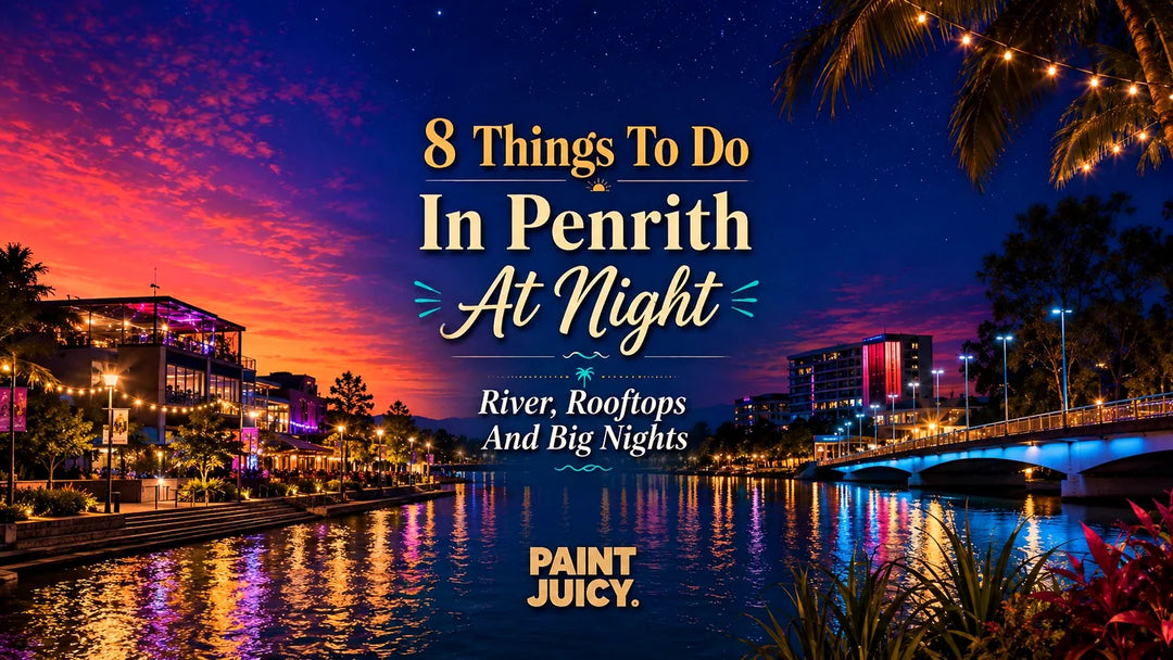 Paint Juicy things to do in Penrith at night, the Nepean riverside precinct with rooftop bars and a lit bridge