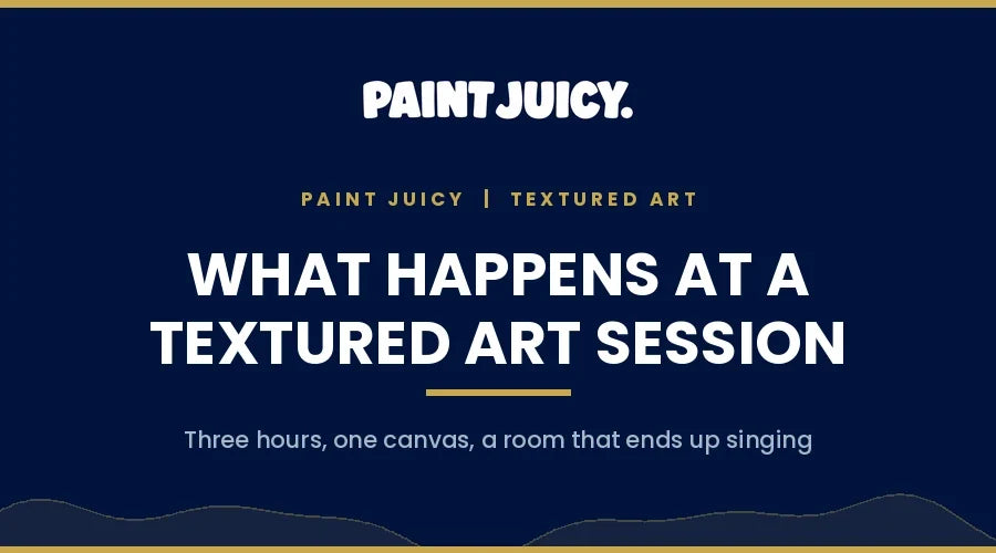 Textured art paint and sip session, Paint Juicy guide cover in navy and gold