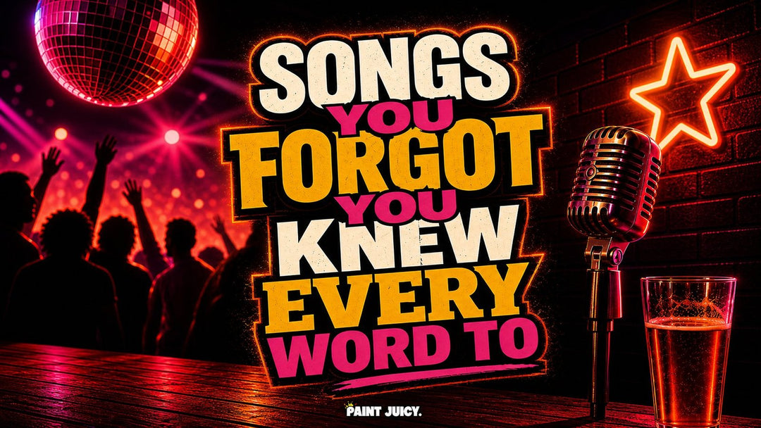Paint Juicy Songs You Forgot You Knew Every Word To playlist artwork with disco ball crowd silhouette and brick wall