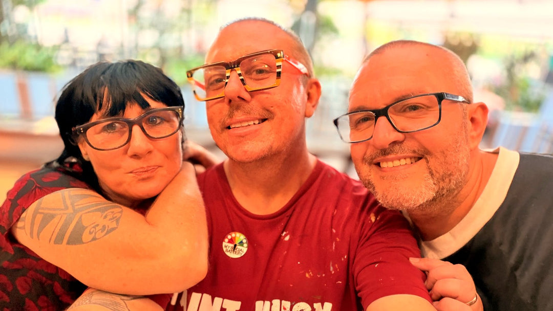 Trent and James from Paint Juicy with their friend Jayne in a close selfie at The Precinct Darwin City Paint and Sip session