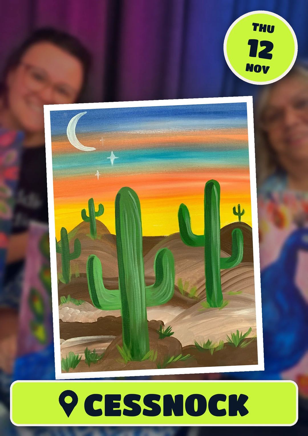 Prick My Interest cactus painting, front and centre for the 60s 70s and 80s Singalong paint and sip in Cessnock on Thursday 12 November 2026