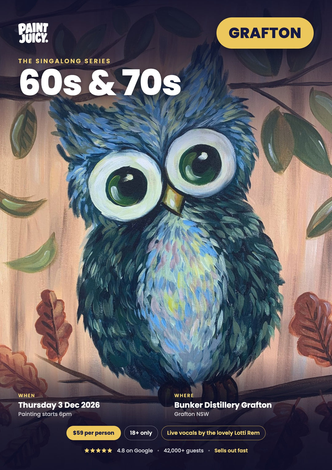 60s &amp; 70s Singalong paint and sip at Bunker Distillery Grafton Cellar Door &amp; Bar, Grafton, Clarence Valley