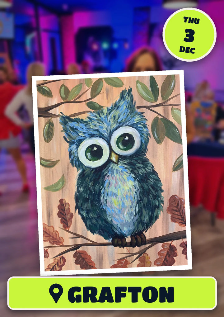 Such a Hoot owl painting, front and centre for the 60s and 70s Singalong paint and sip in Grafton on Thursday 3 December 2026
