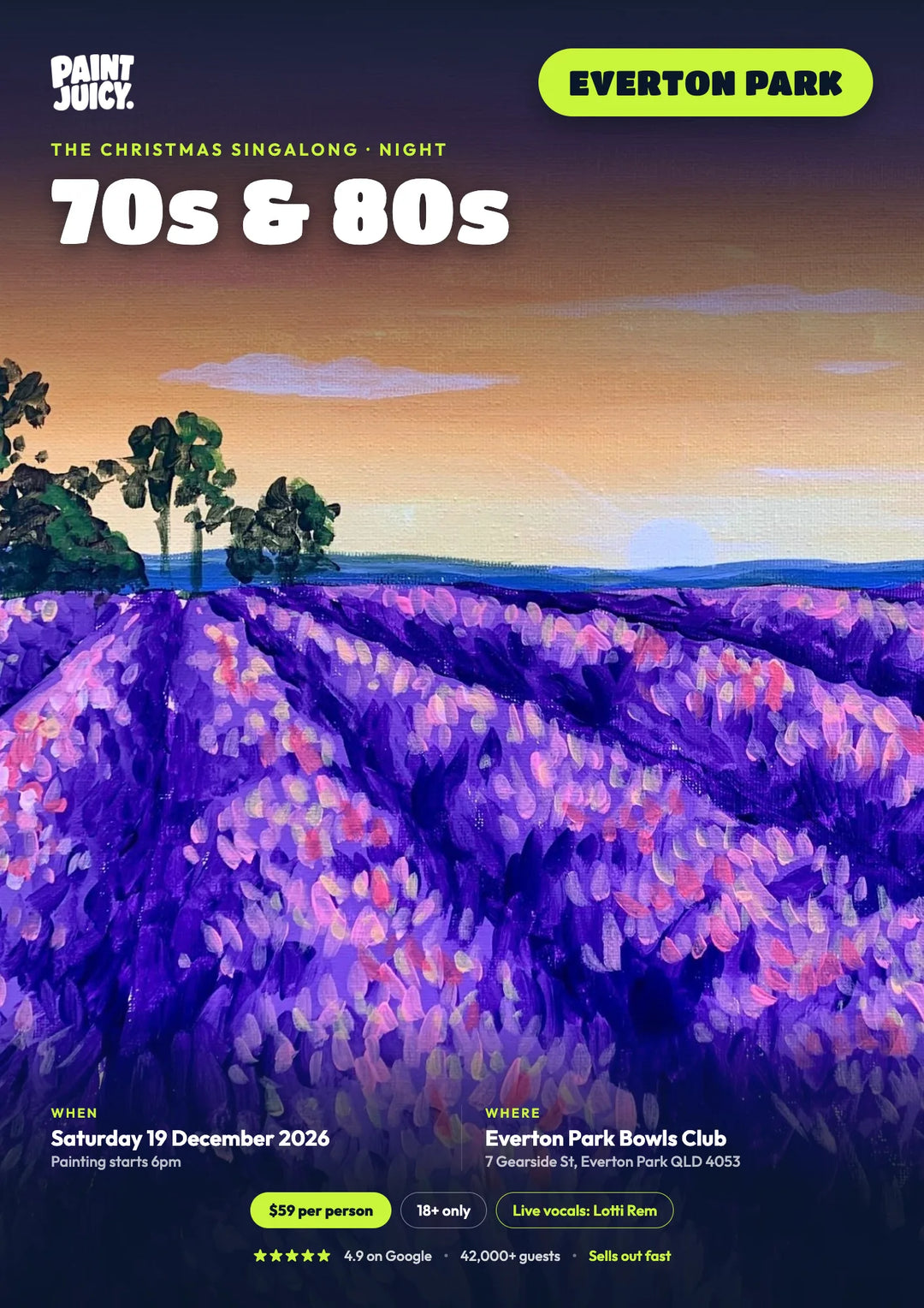 70s and 80s Christmas Singalong paint and sip poster for Saturday 19 December 2026 at Everton Park Bowls Club, Brisbane, with live vocals from Lotti Rem