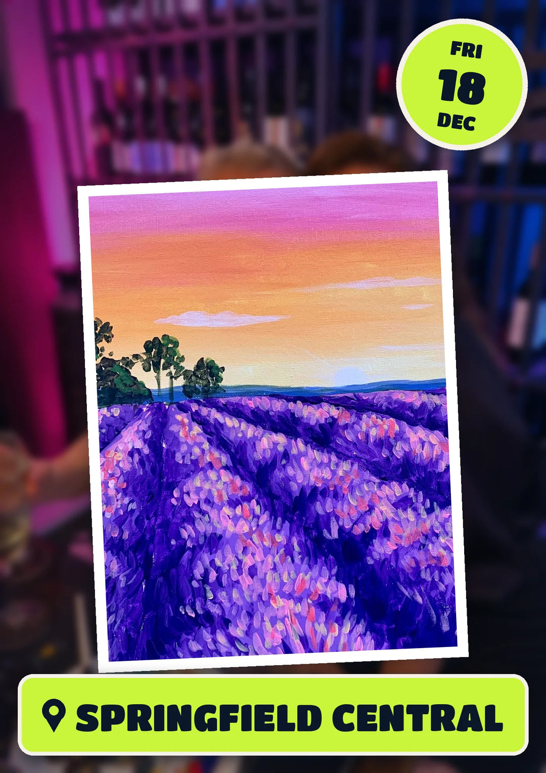 Lavender Fields painting, front and centre for the 70s and 80s Christmas Singalong paint and sip in Springfield Central on Friday 18 December 2026