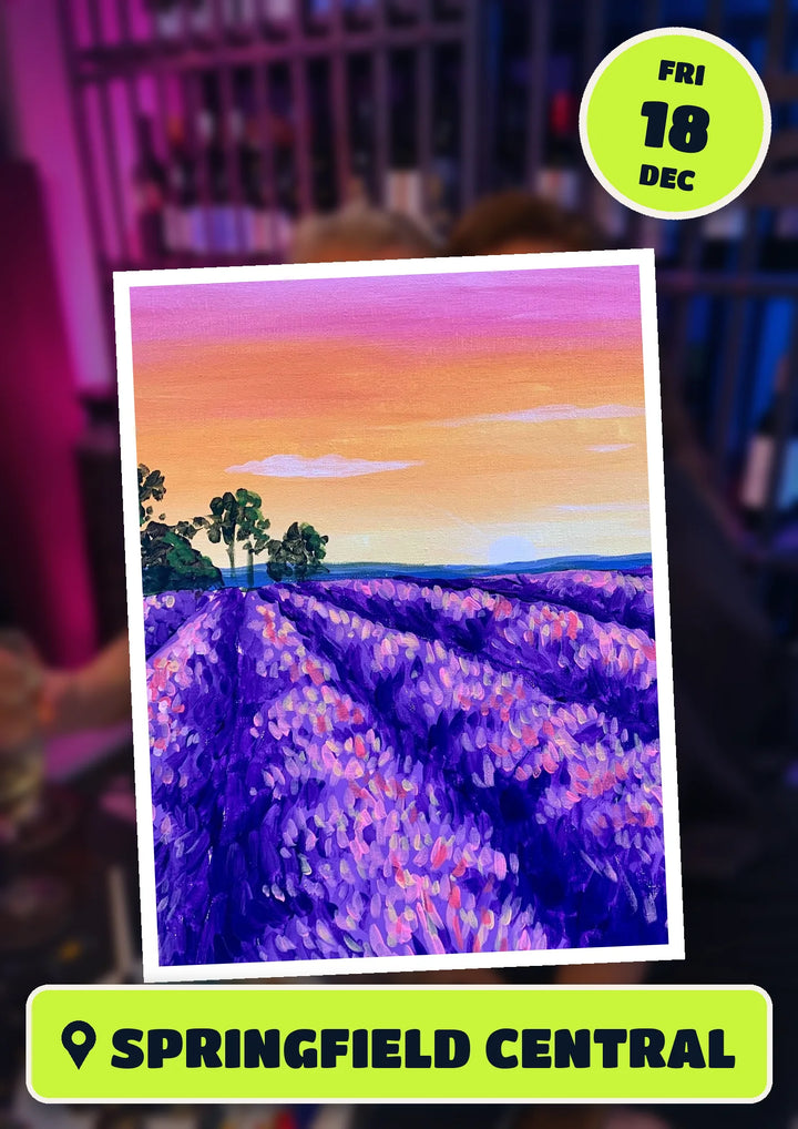 Lavender Fields painting, front and centre for the 70s and 80s Christmas Singalong paint and sip in Springfield Central on Friday 18 December 2026
