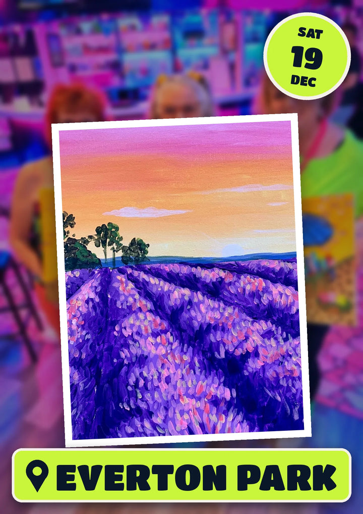 Lavender Fields painting, front and centre for the 70s and 80s Christmas Singalong paint and sip in Everton Park on Saturday 19 December 2026