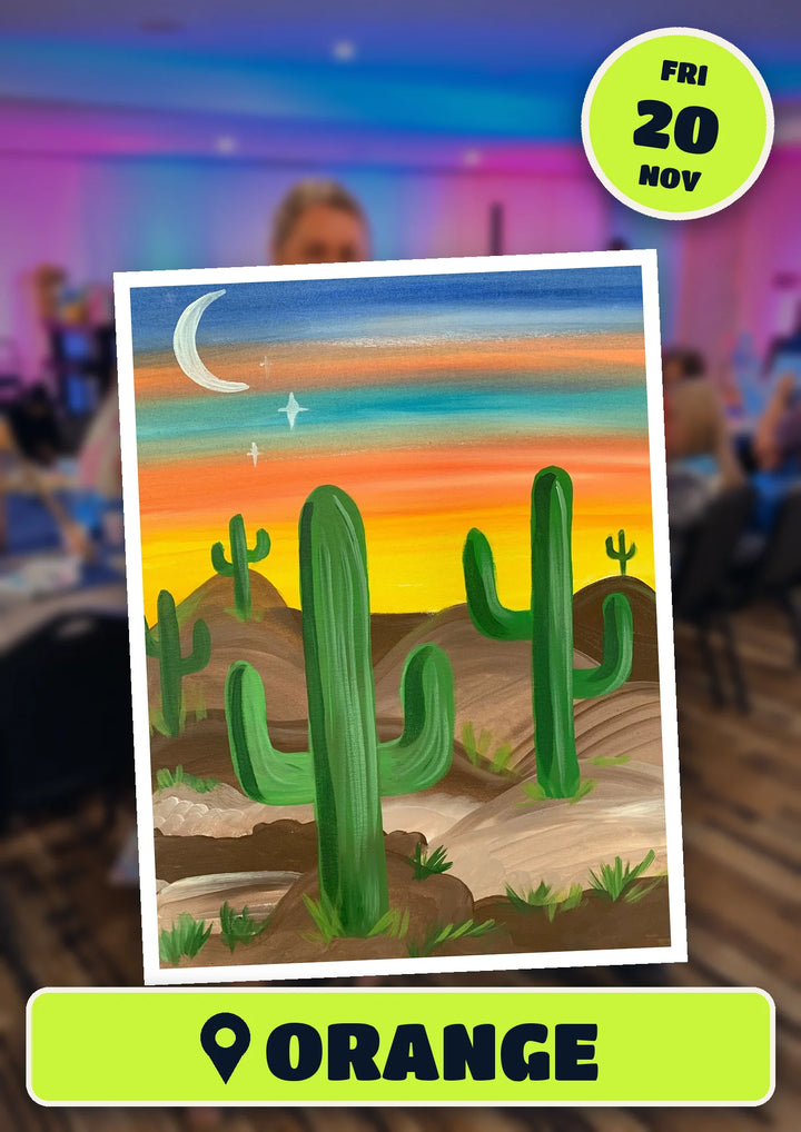 Prick My Interest cactus painting, front and centre for the 70s and 80s Singalong paint and sip in Orange on Friday 20 November 2026