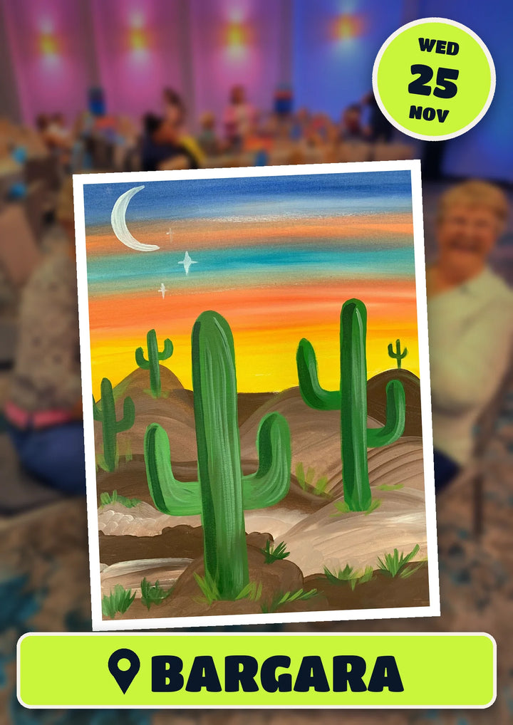 Prick My Interest cactus painting, front and centre for the 70s and 80s Singalong paint and sip in Bargara on Wednesday 25 November 2026