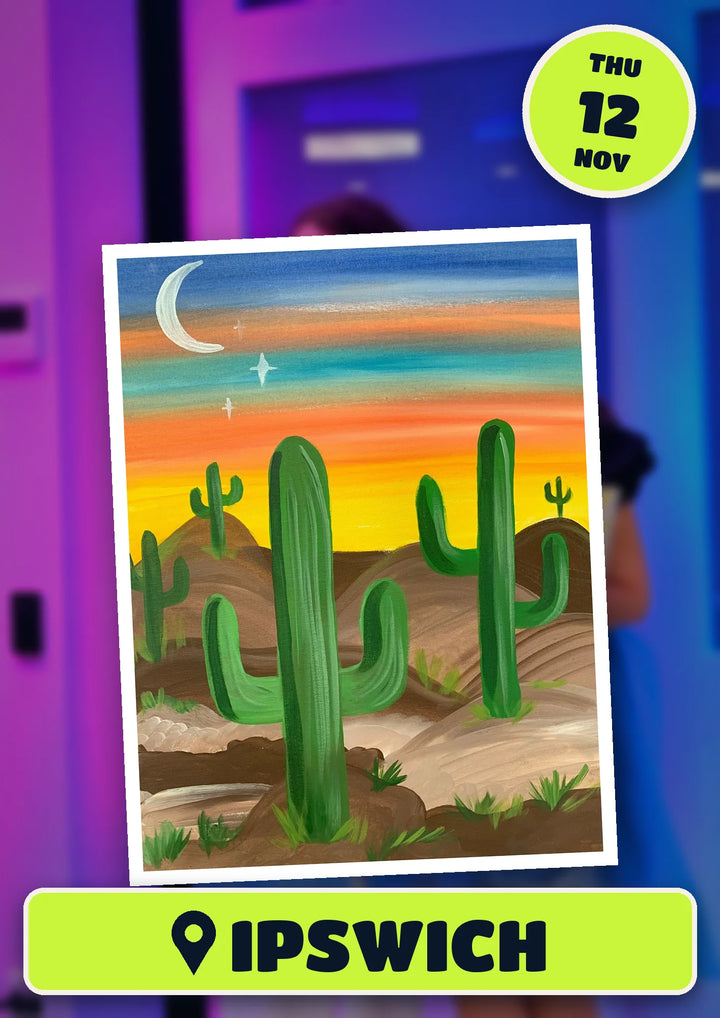 Prick My Interest cactus painting, front and centre for the 70s and 80s Singalong paint and sip in Ipswich on Thursday 12 November 2026