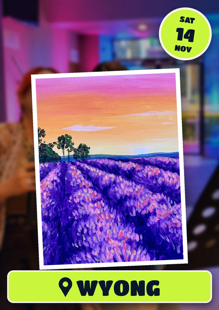 Lavender Sunset painting, front and centre for the 70s and 80s Singalong paint and sip in Wyong on Saturday 14 November 2026