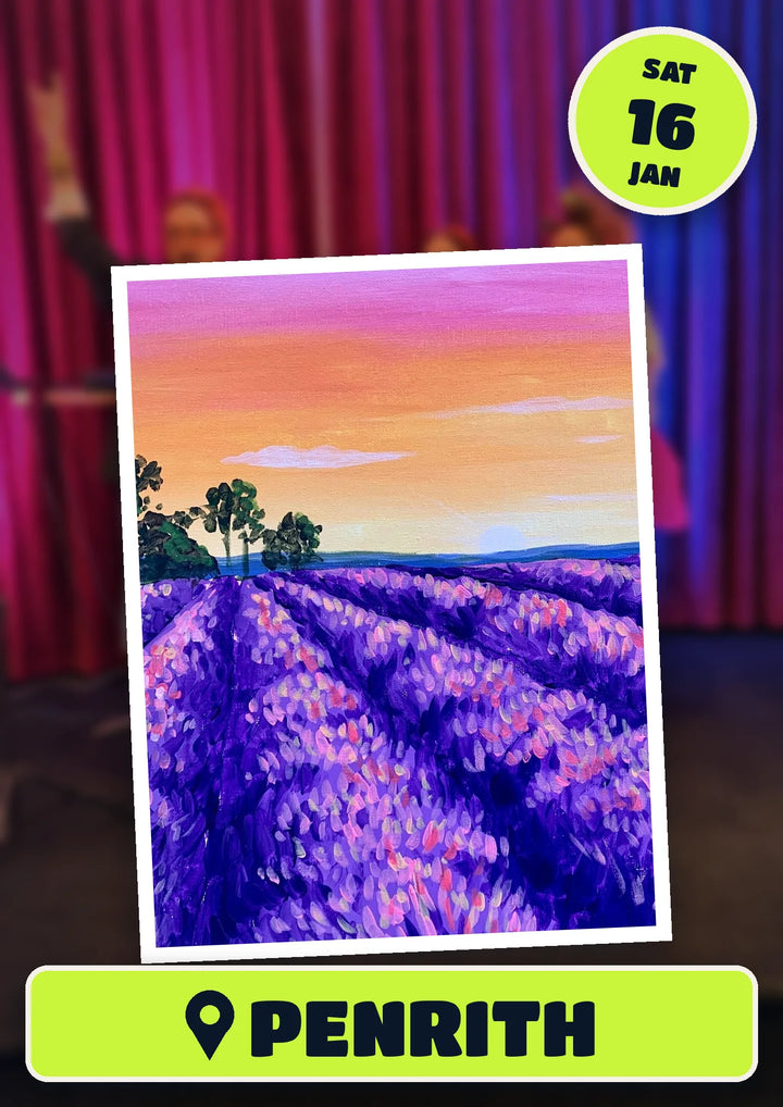 Lavender Fields painting, front and centre for the 70s and 80s Singalong paint and sip in Penrith on Saturday 16 January 2027