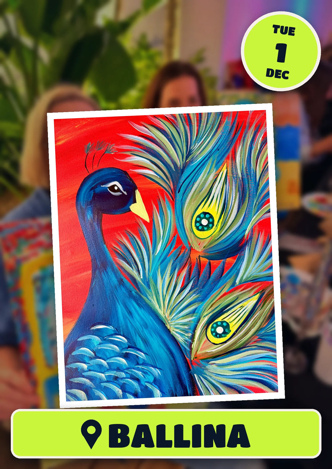 The Red Peacock painting, front and centre for the 70s and 80s Singalong paint and sip in Ballina on Tuesday 1 December 2026