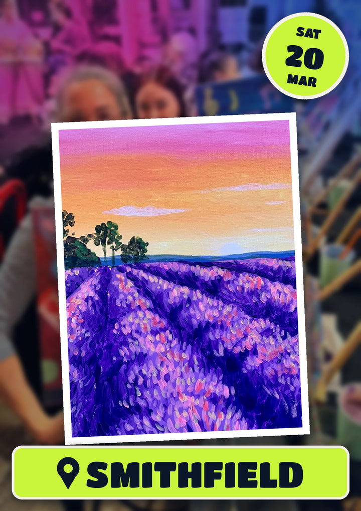 Lavender Fields painting, front and centre for the 70s and 80s Singalong paint and sip in Smithfield on Saturday 20 March 2027