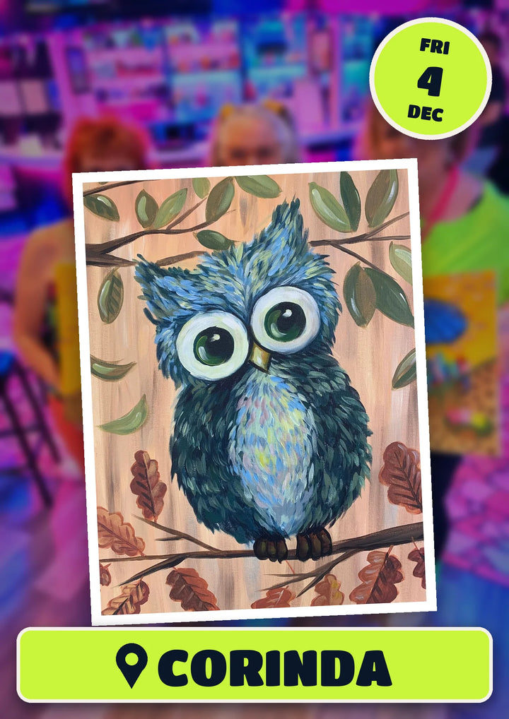 Such a Hoot owl painting, front and centre for the 70s and 80s Singalong paint and sip in Corinda on Friday 4 December 2026