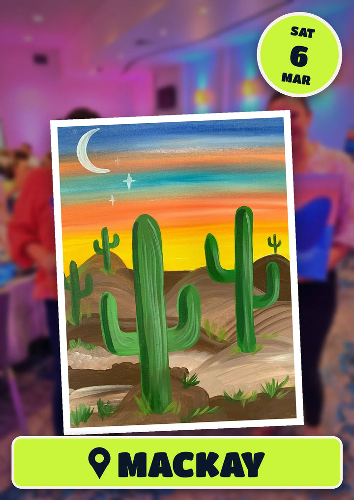 Prick My Interest cactus painting, front and centre for the 70s and 80s Singalong paint and sip in Mackay on Saturday 6 March 2027