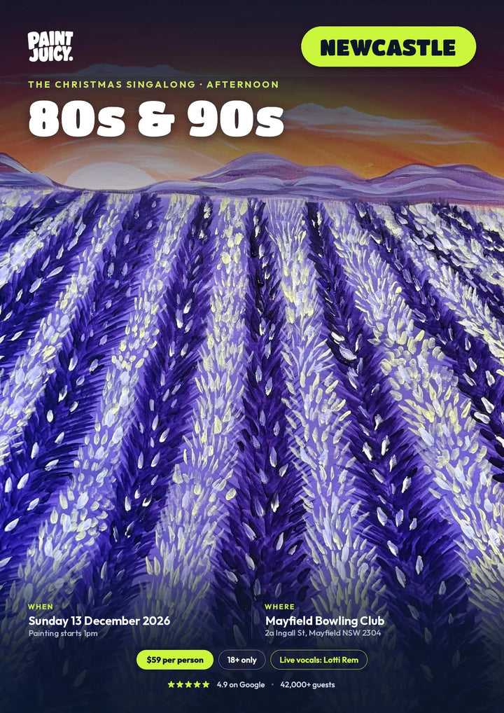 80s and 90s Christmas Singalong paint and sip poster for Sunday 13 December 2026 at Mayfield Bowling Club, Newcastle, with live vocals from Lotti Rem