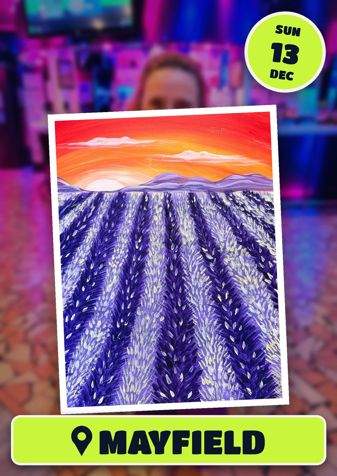 Lavender Sunset painting, front and centre for the 80s and 90s Christmas Singalong paint and sip in Mayfield on Sunday 13 December 2026
