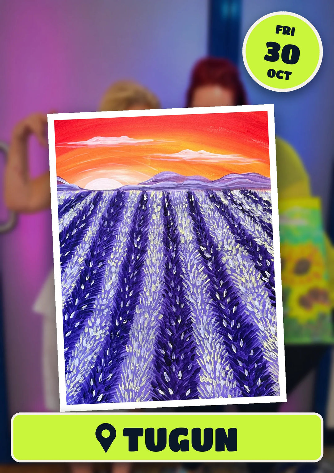 Lavender Sunset painting, front and centre for the 80s and 90s Singalong paint and sip in Tugun on Friday 30 October 2026