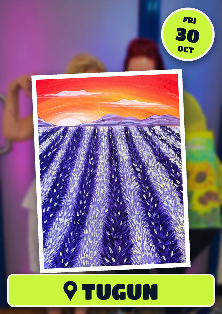 Lavender Sunset painting, front and centre for the 80s and 90s Singalong paint and sip in Tugun on Friday 30 October 2026