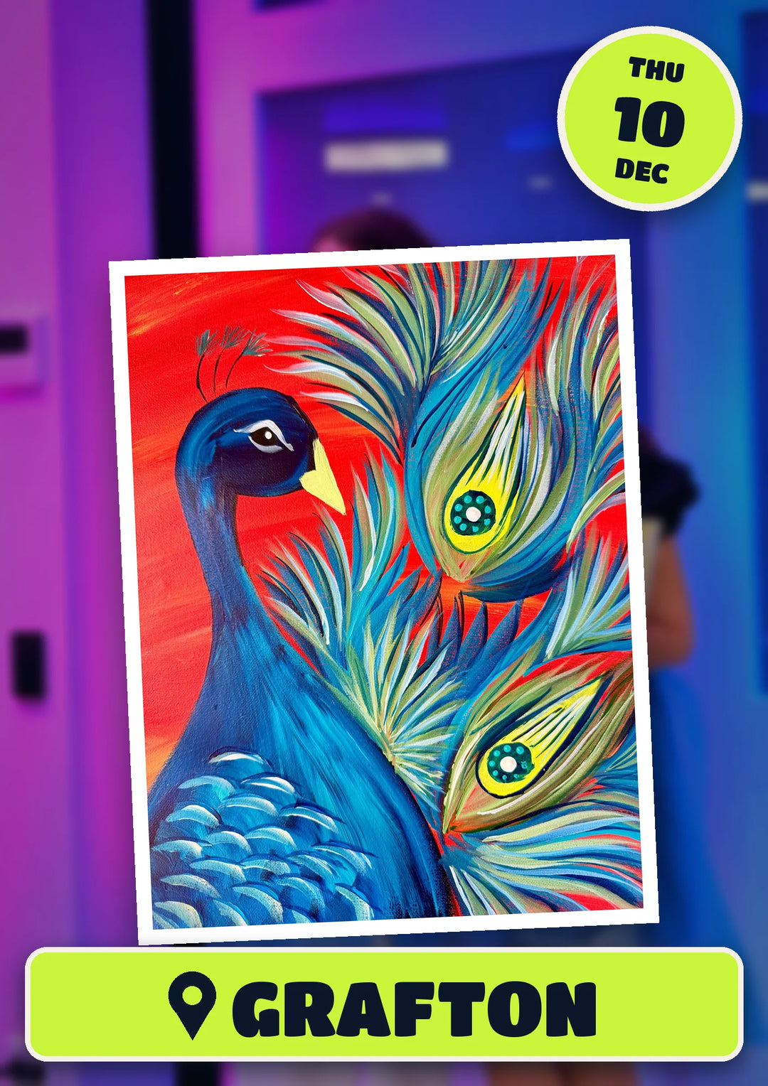 The Red Peacock painting, front and centre for the 80s and 90s Singalong paint and sip in Grafton on Thursday 10 December 2026
